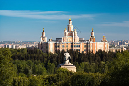 高大树林俄罗斯摩天大楼景色背景
