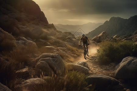 在户外山地自行车手在山间骑行设计图片