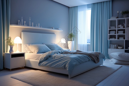 蓝色效果图蓝色家居卧室效果图设计图片