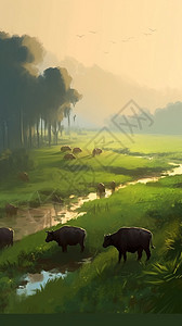 水牛在绿色稻田里的卡通插图图片