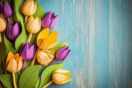 木板上的纸鲜花背景图片