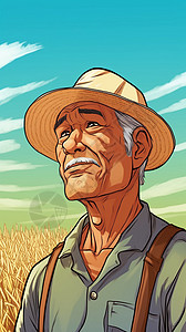 绿草主题特写主题: 一位农民站在金色的水稻作物中，凝视着湛蓝的天空，满足感和满足。特写视图。现实和注重细节的风格。卡通，插图，高清插画