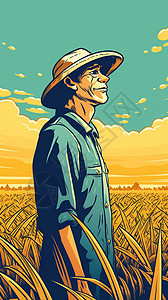 金色水稻中的农民卡通插图图片