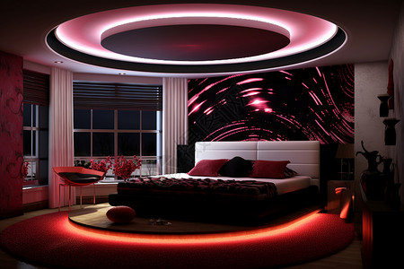 红色一盏灯独特圆床的房间设计图片