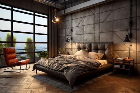 现代工业风卧室3D效果图图片