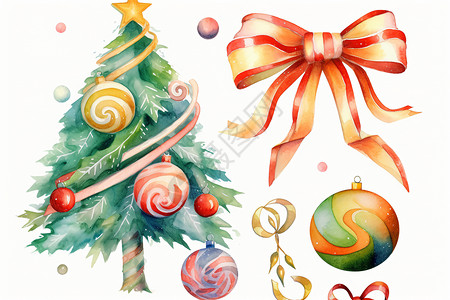 水彩圣诞树装饰冬季圣诞节装饰物的艺术插图插画