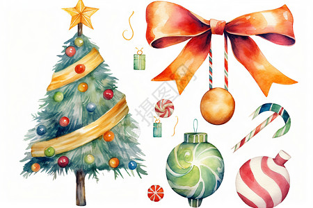 水彩圣诞树装饰圣诞节的装饰物插图插画