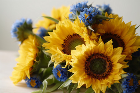 蓝色矢车菊黄色向日葵的手工花艺背景