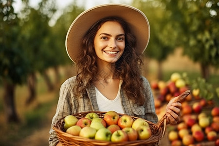农场中采摘苹果的女子图片