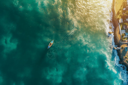 俯拍海洋中的皮划艇图片