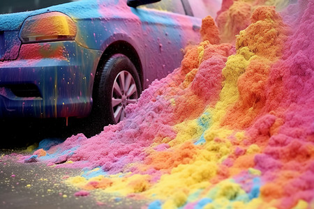 五颜六色的彩虹泡沫喷涂到汽车上背景图片