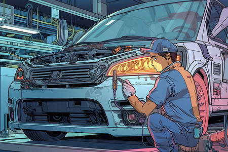 汽车人员汽车维修车间的艺术插图插画