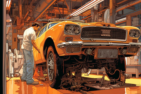 机油背景正在维修汽车的技术人员插画