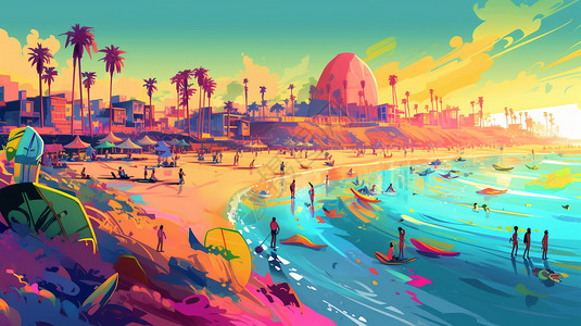 夏天的度假海滩插图背景图片
