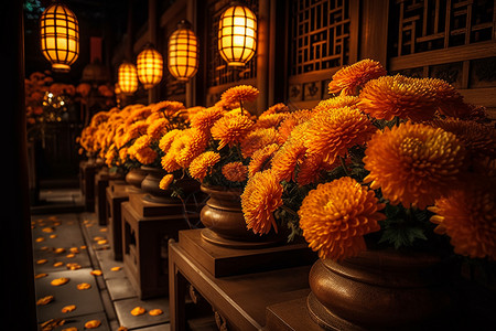 九九重阳中式背景中式建筑中的菊花背景