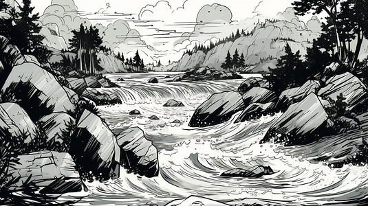 湍急河流黑板水墨风景湍急的河流插画