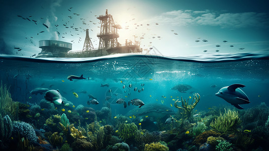 海洋生物海豚与海洋发电厂互动的各种海洋生物设计图片