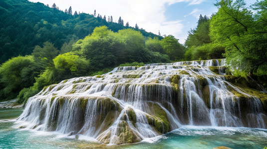 黄龙公园令人惊叹的飞水瀑布背景