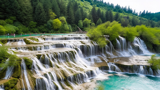 黄龙五彩池黄龙公园的飞水瀑布背景