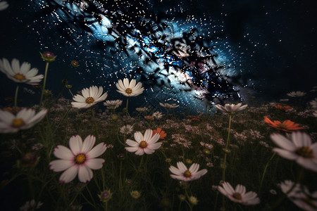 夜晚的草地小雏菊背景图片