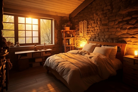 乡村卧室小木屋的床插画
