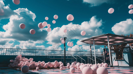 蓝天白云下的粉红色气球图片