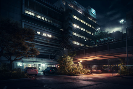 医院停车场太阳下山时的医院设计图片