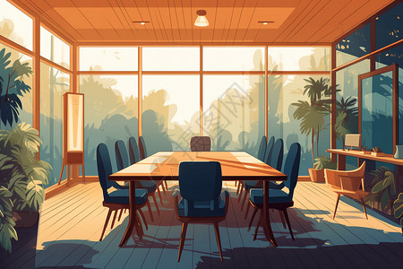 小型会议室效果图会议室的木制家具插画