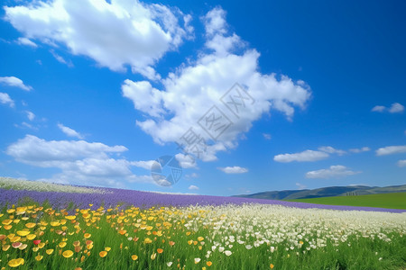 花田和蓝天白云背景图片