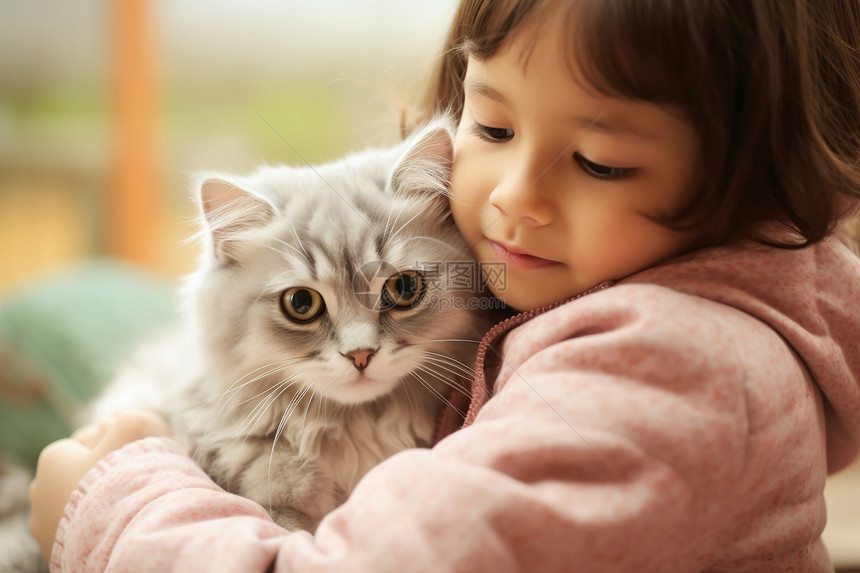女孩抱着宠物猫图片