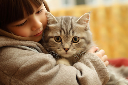 抱着小猫女孩女孩抱着可爱的猫咪背景