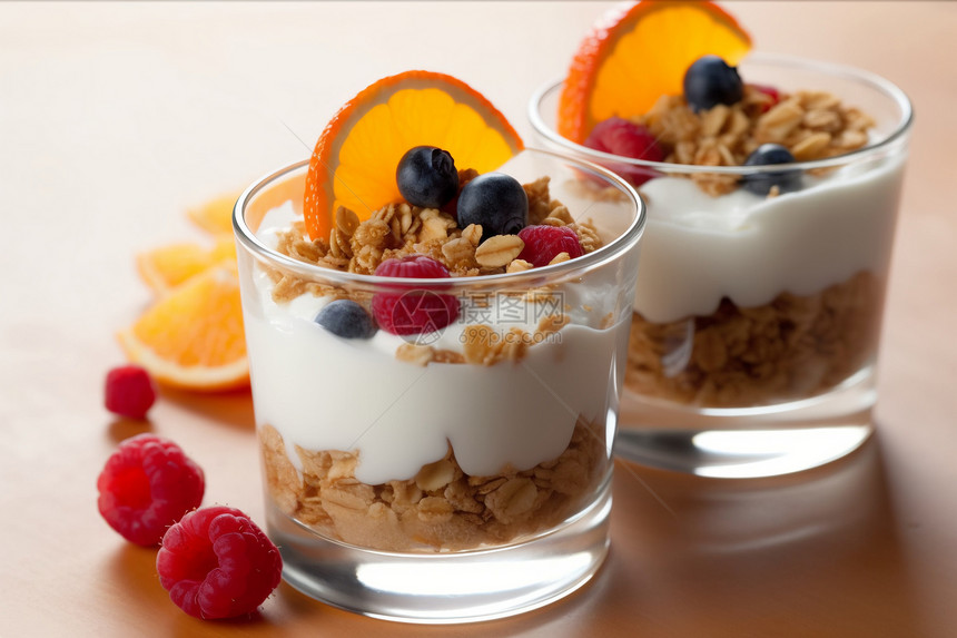 由酸奶和水果制成的健康膳食早餐图片