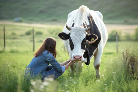 女人和牛在田里图片