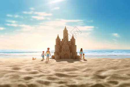 沙滩玩耍盖城堡在晴朗的日子里建造沙堡设计图片