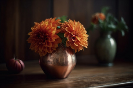 桌面傻瓜的铜花瓶里的一束大丽花装饰背景图片