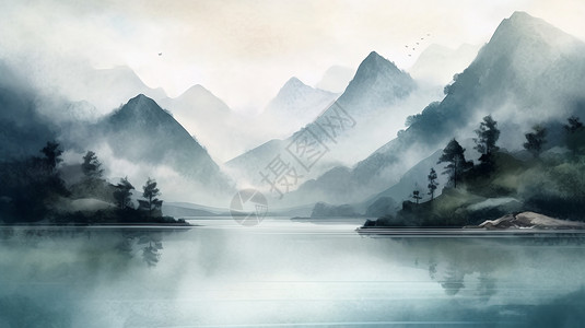 山雾缭绕宁静的山间风水画插画