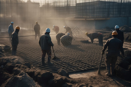 工人为新的基础浇筑水泥高清图片