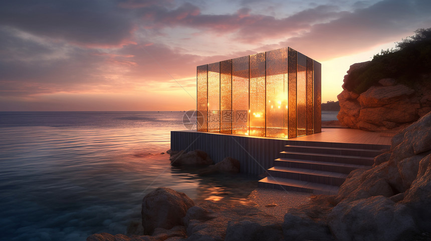 海边发光的玻璃房图片