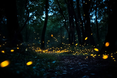 淡绿色萤火虫在黑暗的树林中闪闪发光的萤火虫背景