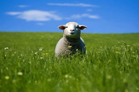 羊在绿色草地上看着相机图片