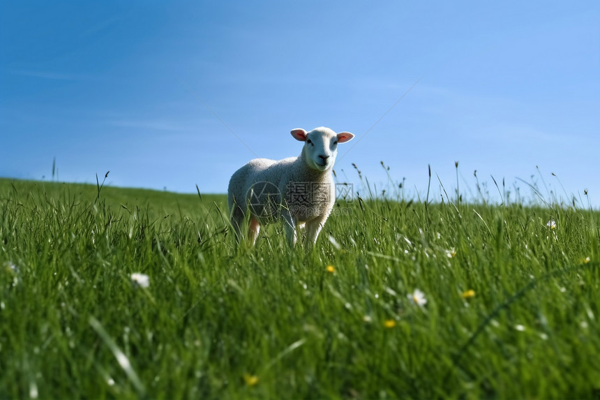 在蓝天下绿色草地上的羊图片