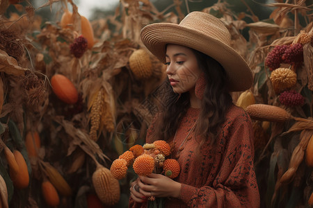 女人在秋天农收的农场中图片