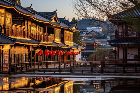 日落时分的丽江古城背景图片