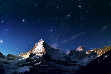 雪山夜晚山峰中仰望星空设计图片