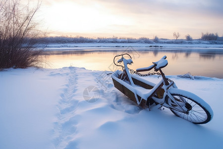 冬季河边雪地中的自行车图片