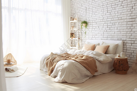 白色砖墙极简卧室背景图片
