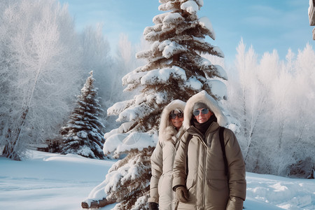 冰雪世界中合影的夫妇图片