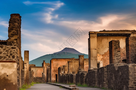 古城废墟日落时分的维苏威火山背景