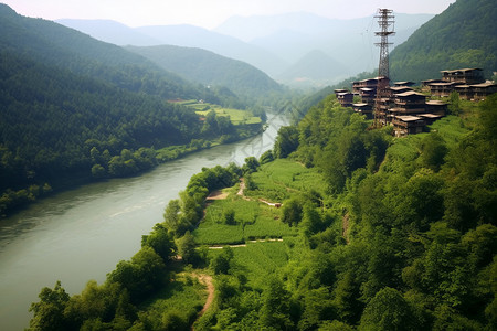 河边的植被和建筑背景图片