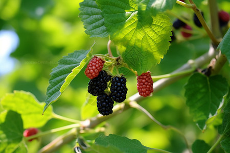 美味的桑仁黑莓灌木高清图片